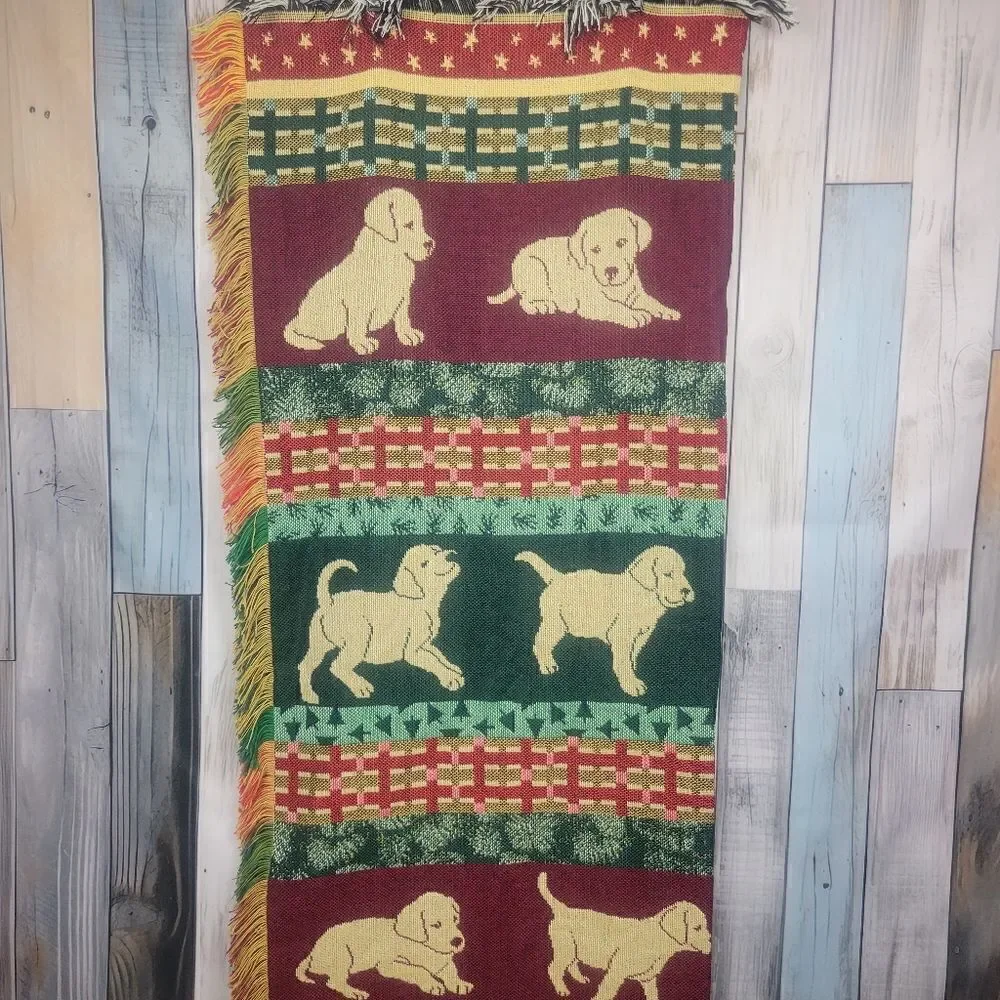 Dog Puppy Pattern Blanket Afgan Red Green Fringe Sides - Picture 2 of 6